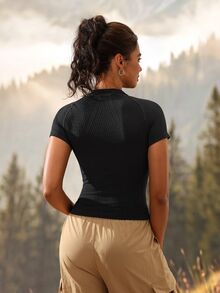 Exploreva Exploreva Women's Solid Color Short Sleeve Daily Fitness Parachute Outdoor Holiday Vacation T-Shirt Black Summer - Black - View 2