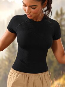 Exploreva Exploreva Women's Solid Color Short Sleeve Daily Fitness Parachute Outdoor Holiday Vacation T-Shirt Black Summer - Black - View 5