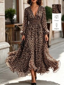 Yunfilé Women's Vacation Shirred Waist Leopard Print Dress - Multicolor - View 4