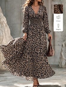 Yunfilé Women's Vacation Shirred Waist Leopard Print Dress - Multicolor - View 3