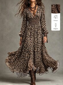 Yunfilé Women's Vacation Shirred Waist Leopard Print Dress - Multicolor - View 5
