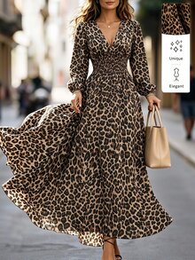 Yunfilé Women's Vacation Shirred Waist Leopard Print Dress - Multicolor - View 1