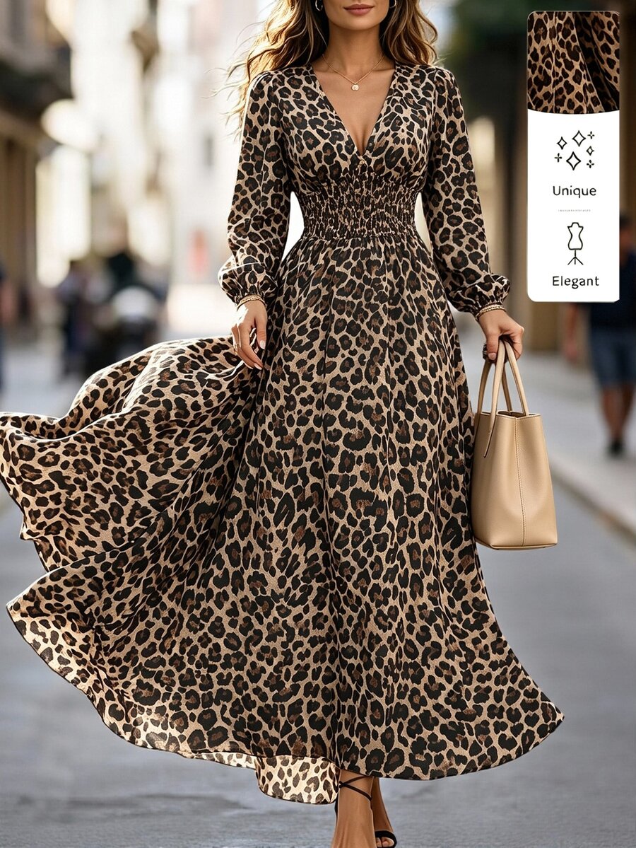 Yunfilé Women's Vacation Shirred Waist Leopard Print Dress - Multicolor - View 1