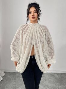 Elenzga 大码优雅通勤雪纺提花蝙蝠袖上衣 - 杏色 - 查看 5