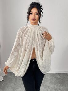 Elenzga 大码优雅通勤雪纺提花蝙蝠袖上衣 - 杏色 - 查看 6