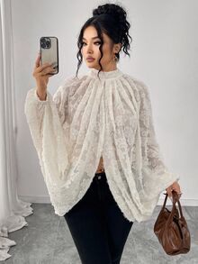 Elenzga 大码优雅通勤雪纺提花蝙蝠袖上衣 - 杏色 - 查看 3
