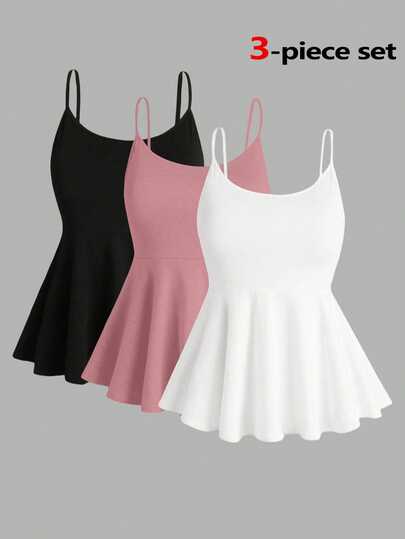 Femmeverse Plus Size Women's Summer Solid Color Ruffle Hem Camisole
