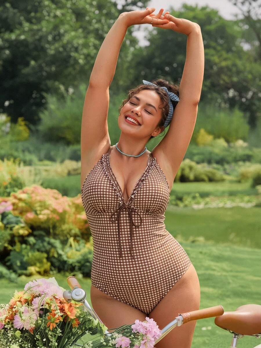 Swim Mod 2026 Plus Size One-Piece Swimsuit,Plaid Print Deep V-Neck,Side Ruffle Trim Tie Waist Resort Summer 1920s Beach Holiday Pool Party Outfit - Coffee Brown - View 1