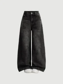 SHEIN Girlism Y2K 复古宽松牛仔裤阔腿牛仔裤韩流街头风长裤复古 2000 年代风格青少年女孩冬季返校服装 - 黑色 - 查看 5