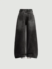 SHEIN Girlism Y2K 复古宽松牛仔裤阔腿牛仔裤韩流街头风长裤复古 2000 年代风格青少年女孩冬季返校服装 - 黑色 - 查看 2