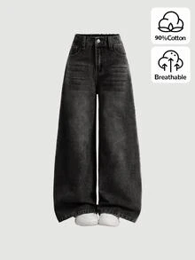 SHEIN Girlism Y2K 复古宽松牛仔裤阔腿牛仔裤韩流街头风长裤复古 2000 年代风格青少年女孩冬季返校服装 - 黑色 - 查看 1