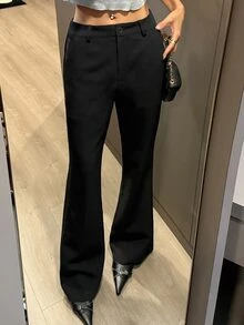 DAZY Celana Panjang Formal Wanita Polos Model Mengembang, Musim Semi/Panas - Hitam - View 1