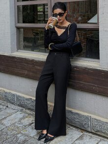 DAZY Celana Panjang Formal Wanita Polos Model Mengembang, Musim Semi/Panas - Hitam - View 3