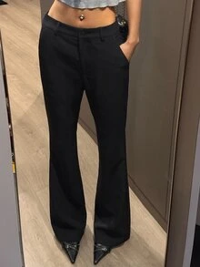 DAZY Celana Panjang Formal Wanita Polos Model Mengembang, Musim Semi/Panas - Hitam - View 5