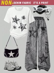 SHEIN ChillGRL 青少年女孩 2件/套 短袖圓領黑白星星鏈條印花T恤與寬腿褲，度假穿搭 - 黑色 - 查看 2