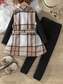 SHEIN Vintaside Kids 女童格紋前開襟背心式風衣、黑色羅紋針織毛衣與緊身褲套裝，休閒優雅 3 件式同色系開學秋季穿搭 - 彩色 - 查看 2