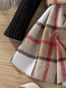 SHEIN Vintaside Kids 女童格紋前開襟背心式風衣、黑色羅紋針織毛衣與緊身褲套裝，休閒優雅 3 件式同色系開學秋季穿搭 - 彩色 - 查看 7