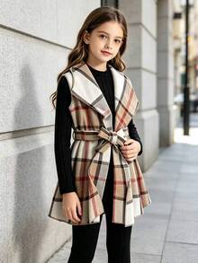 SHEIN Vintaside Kids 女童格紋前開襟背心式風衣、黑色羅紋針織毛衣與緊身褲套裝，休閒優雅 3 件式同色系開學秋季穿搭 - 彩色 - 查看 3