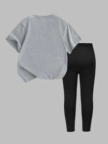 SHEIN 2件組女童休閒時尚蝴蝶結圖案T恤與內搭褲套裝，舒適耐穿，適合夏季與秋季，蝴蝶結圖案圓領短袖T恤，青少年女孩休閒款 - 彩色 - 查看 3