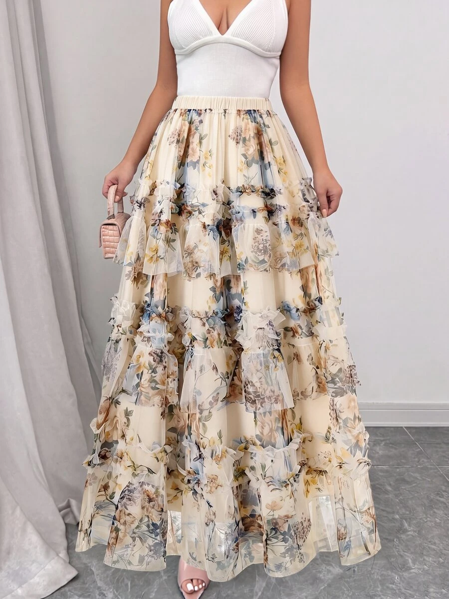 SHEIN Clasi Spring/Summer Best-Selling Elegant Floral Print Mesh Cake Plus Size Skirt - Multicolor - View 1