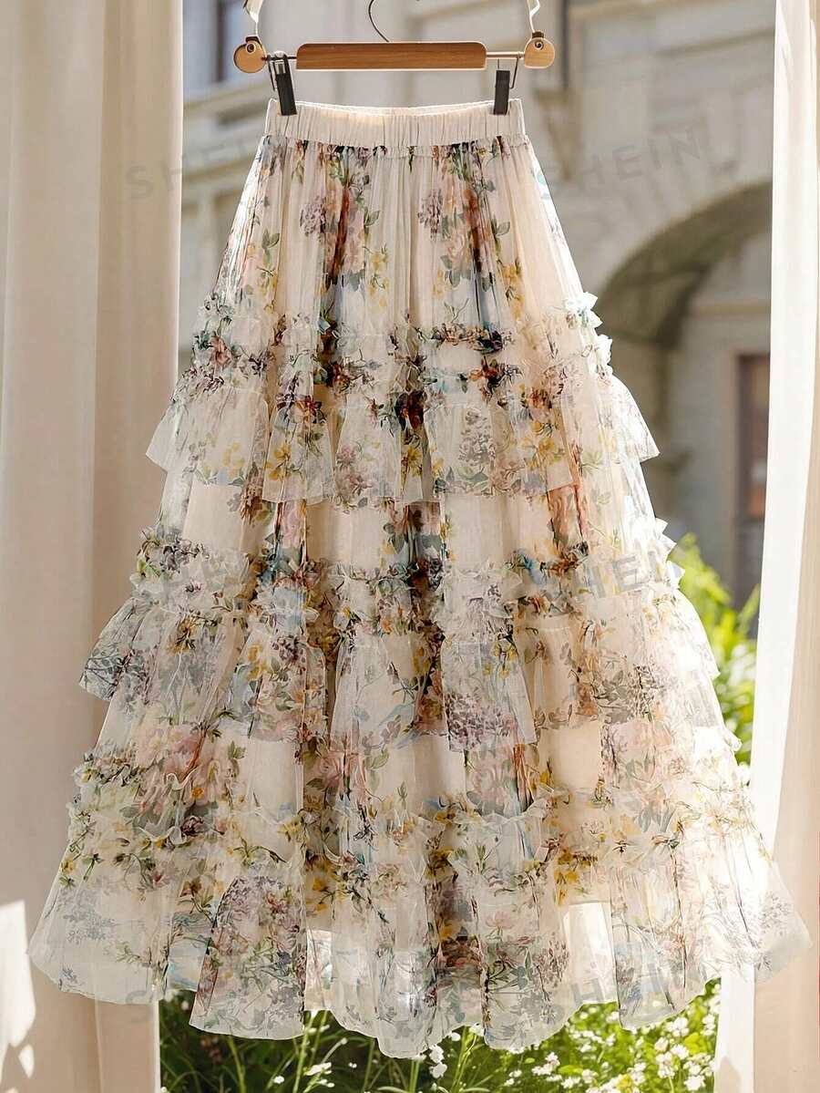 SHEIN Clasi Spring/Summer Best-Selling Elegant Floral Print Mesh Cake Plus Size Skirt - Multicolor - View 1