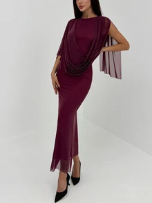 Aloruh Eggplant Purple Asymmetrical Sleeve Bodycon Mesh Party Dress For Women - Red Violet - View 4