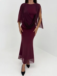 Aloruh Eggplant Purple Asymmetrical Sleeve Bodycon Mesh Party Dress For Women - Red Violet - View 7