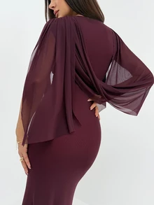 Aloruh Eggplant Purple Asymmetrical Sleeve Bodycon Mesh Party Dress For Women - Red Violet - View 2