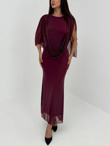 Aloruh Eggplant Purple Asymmetrical Sleeve Bodycon Mesh Party Dress For Women - Red Violet - View 5