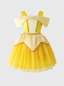 SHEIN Glamorique Kids 女童優雅公主風薄紗洋裝，迷人桃紅色派對禮服，適合節日慶典，秋冬穿著 - 黃色 - 查看 3