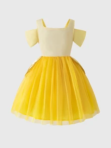 SHEIN Glamorique Kids 女童優雅公主風薄紗洋裝，迷人桃紅色派對禮服，適合節日慶典，秋冬穿著 - 黃色 - 查看 4