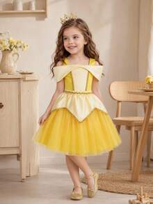 SHEIN Glamorique Kids 女童優雅公主風薄紗洋裝，迷人桃紅色派對禮服，適合節日慶典，秋冬穿著 - 黃色 - 查看 2