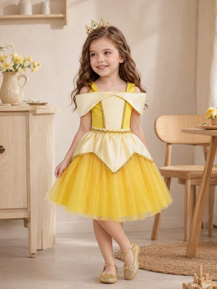 SHEIN Glamorique Kids Young GirlElegant Princess Tulle DressCharming Fuchsia Party Suitable For Holiday Celebrations, Autumn Winter - Yellow - View 2