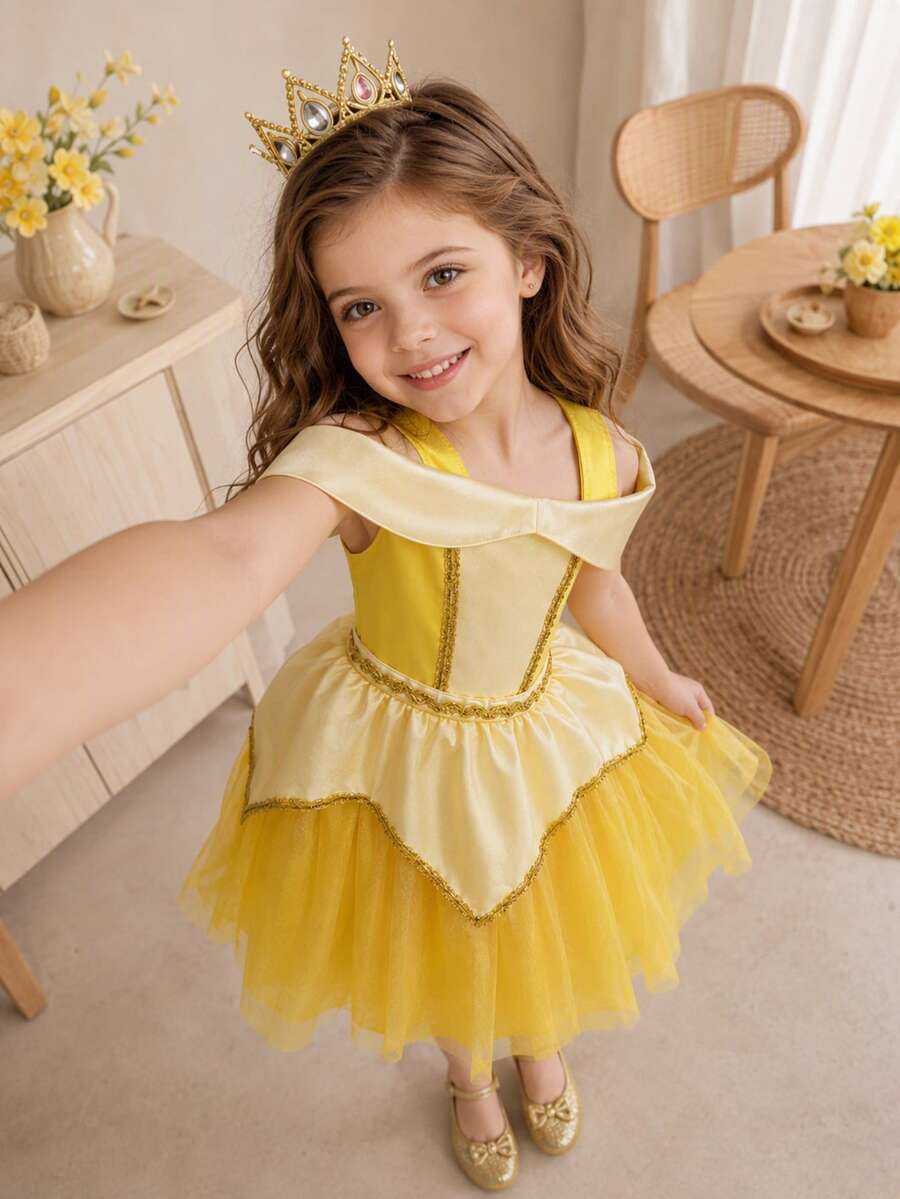 SHEIN Glamorique Kids 女童優雅公主風薄紗洋裝,迷人桃紅色派對禮服,適合節日慶典,秋冬穿著 - 黃色 - 查看 1