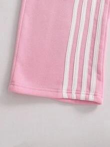 SHEIN Sparklyn 青少年女孩抓絨秋季套裝，甜美櫻花粉與白色條紋休閒短版寬鬆軟厚落肩長袖連帽衛衣與寬褲... - 彩色 - 查看 3