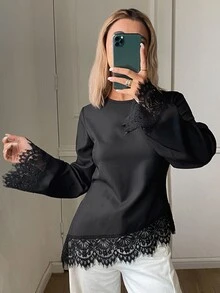 DAZY Women's Korean Style Elegant Classy Lace Patchwork T-Shirt Street Style Autumn Brunch Dinner Black - Black - View 3