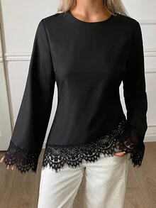 DAZY Women's Korean Style Elegant Classy Lace Patchwork T-Shirt Street Style Autumn Brunch Dinner Black - Black - View 5