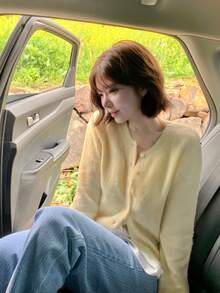 DAZY Solid Button Through Cardigan Fall - Yellow - View 2