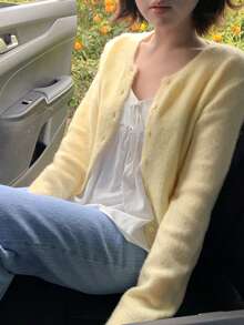 DAZY Solid Button Through Cardigan Fall - Yellow - View 7