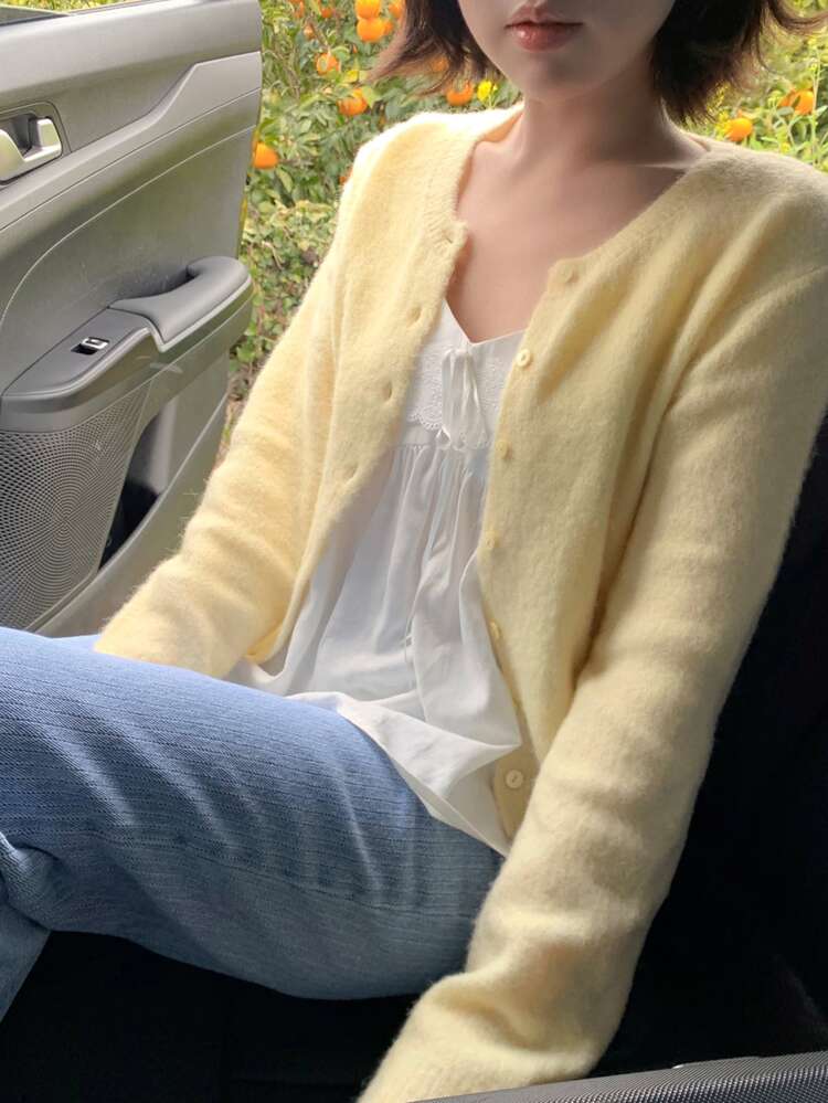 DAZY Solid Button Through Cardigan Fall - Yellow - View 7