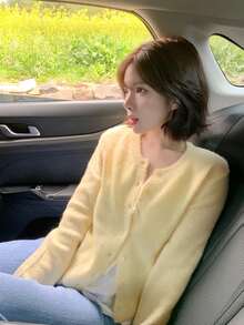 DAZY Solid Button Through Cardigan Fall - Yellow - View 8