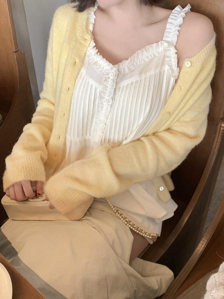 DAZY Solid Button Through Cardigan Fall - Yellow - View 3