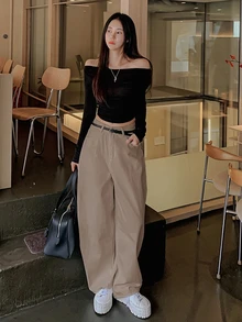 DAZY Celana Jeans Wanita Polos Longgar dengan Potongan Lebar, Dilengkapi Saku dan Rivet, Celana Panjang Gaya Jalanan Kasual untuk Liburan Musim Semi dan Gugur - Khaki - View 5