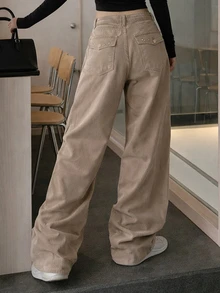 DAZY Celana Jeans Wanita Polos Longgar dengan Potongan Lebar, Dilengkapi Saku dan Rivet, Celana Panjang Gaya Jalanan Kasual untuk Liburan Musim Semi dan Gugur - Khaki - View 6