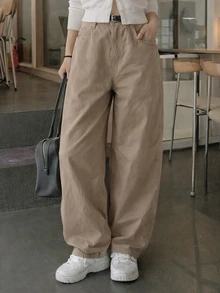 DAZY Celana Jeans Wanita Polos Longgar dengan Potongan Lebar, Dilengkapi Saku dan Rivet, Celana Panjang Gaya Jalanan Kasual untuk Liburan Musim Semi dan Gugur - Khaki - View 3