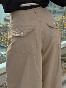 DAZY Celana Jeans Wanita Polos Longgar dengan Potongan Lebar, Dilengkapi Saku dan Rivet, Celana Panjang Gaya Jalanan Kasual untuk Liburan Musim Semi dan Gugur - Khaki - View 2