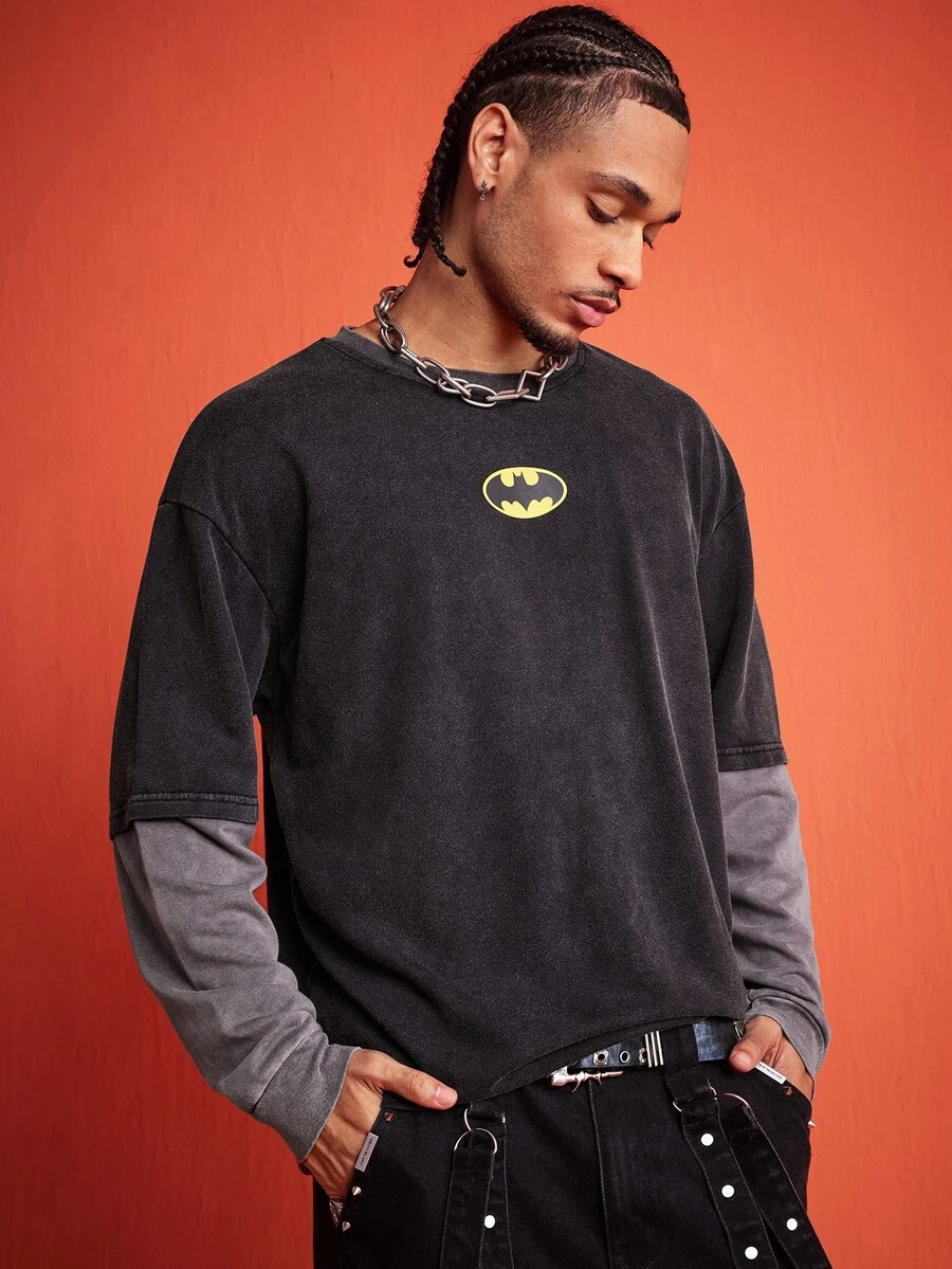 ROMWE MEN Batman X ROMWE 男士春秋休閒拼接撞色T恤 - 彩色 - 查看 1