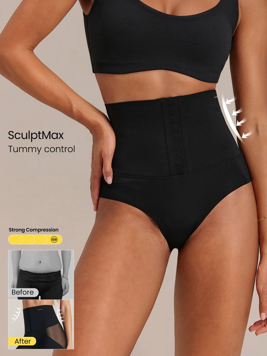 GLOWMODE SweatMode SculptMax Ultra High-Waist Tummy Control Briefs With Light Compression & 4-Way Stretch Daily Casual Wear - Black - View 1