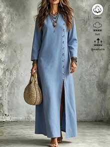 Omancia Button Front Split Thigh Dress - Blue - View 1