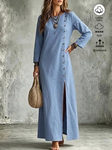 Omancia Button Front Split Thigh Dress - Blue - View 5